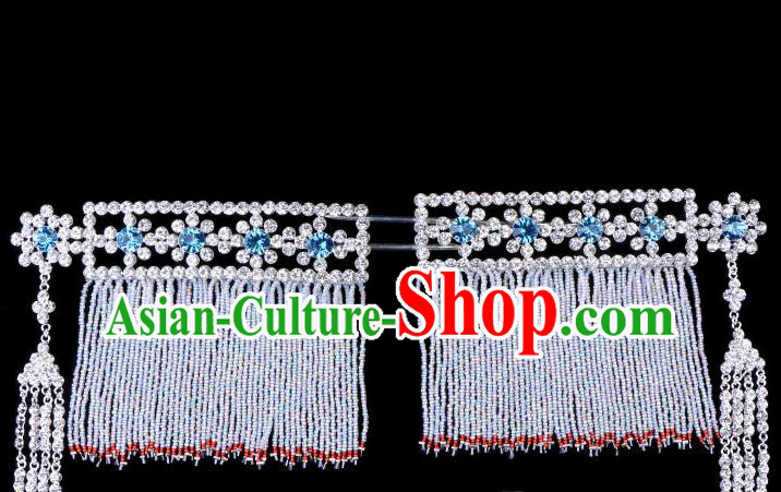 Traditional Beijing Opera Diva Hair Accessories Blue Crystal Head Ornaments Temples Curtain Hairpins, Ancient Chinese Peking Opera Hua Tan Tassel Hair Stick Headwear