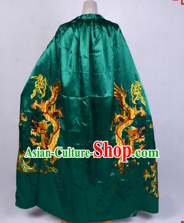 Top Grade Professional Beijing Opera Costume Emperor Embroidered Green Cloak, Traditional Ancient Chinese Peking Opera King Embroidery Dragons Mantle Clothing