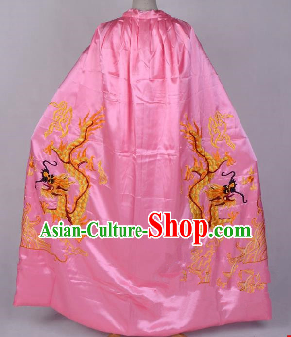 Top Grade Professional Beijing Opera Costume Emperor Embroidered Pink Cloak, Traditional Ancient Chinese Peking Opera King Embroidery Dragons Mantle Clothing