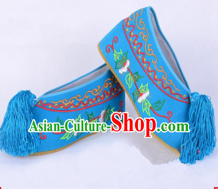 Traditional Beijing Opera Diva Blue Satin Embroidered Shoes Cloth Shoes, Ancient Chinese Peking Opera Hua Tan Princess Blood Stained Shoes