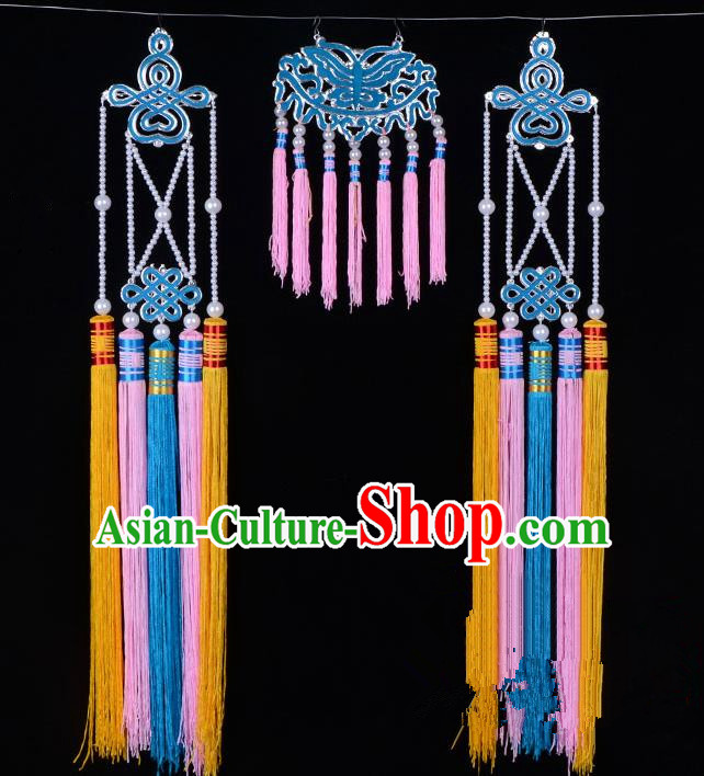 Traditional Beijing Opera Diva Hair Accessories Empress Head Ornaments Temples Curtain Hairpins, Ancient Chinese Peking Opera Hua Tan Pink Tassel Headwear