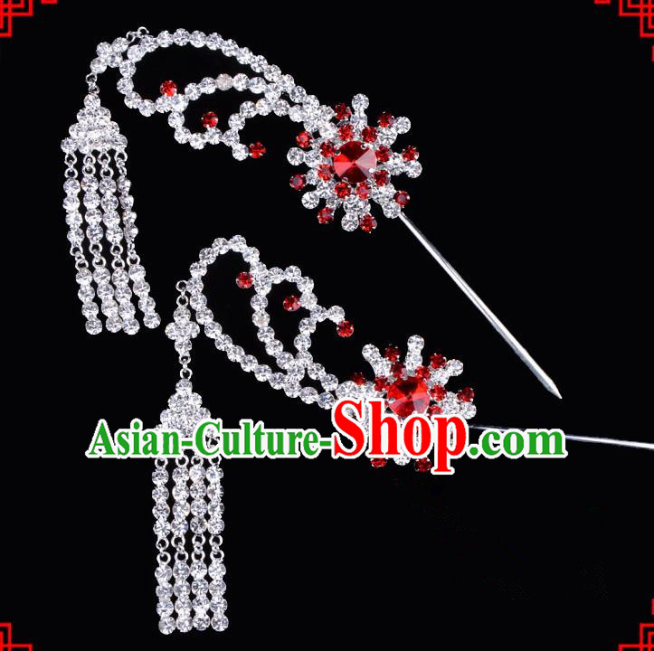 Traditional Beijing Opera Diva Hair Accessories Red Crystal Tassel Step Shake Hairpins, Ancient Chinese Peking Opera Hua Tan Hair Stick Headwear