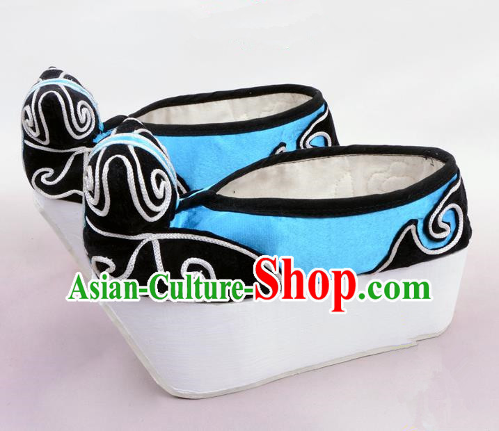 Traditional Beijing Opera Niche Blue Shoes Young Men Fulfillment of Cloud, Ancient Chinese Peking Opera Scholar Satin Flange Shoes