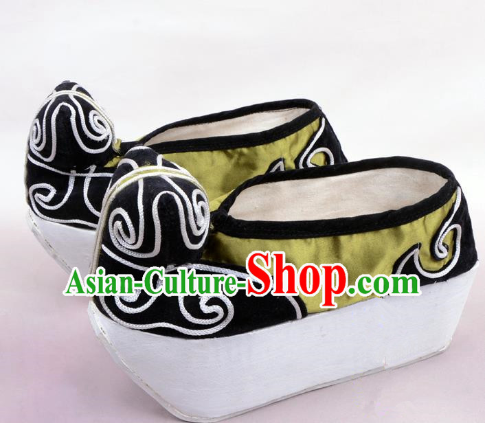 Traditional Beijing Opera Niche Green Shoes Young Men Fulfillment of Cloud, Ancient Chinese Peking Opera Scholar Satin Flange Shoes