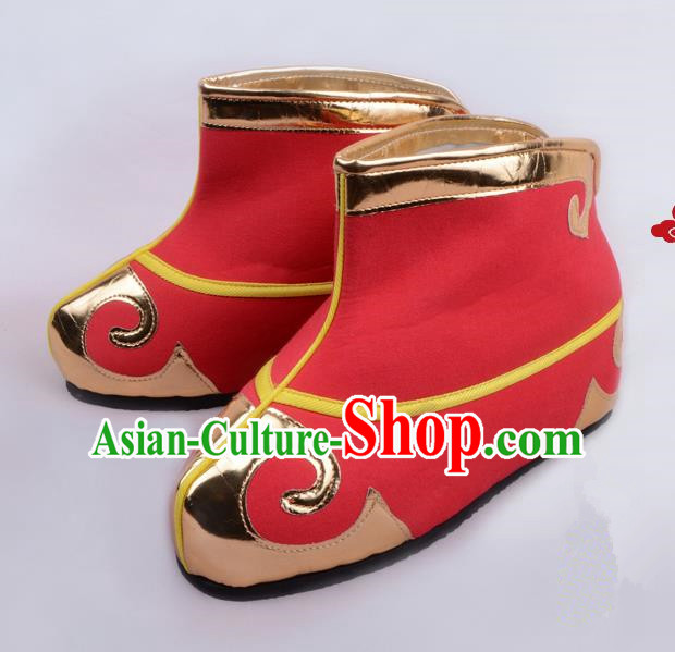 Traditional Beijing Opera Takefu Shoes Young Men Quick Boots, Ancient Chinese Peking Opera Wu-Sheng Red Shoes
