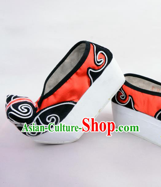 Traditional Beijing Opera Niche Red Shoes Young Men Fulfillment of Cloud, Ancient Chinese Peking Opera Scholar Satin Flange Shoes