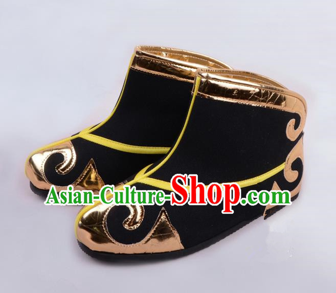 Traditional Beijing Opera Takefu Shoes Young Men Quick Boots, Ancient Chinese Peking Opera Wu-Sheng Black Shoes