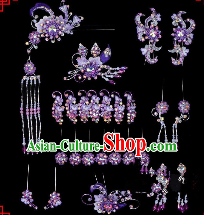 Traditional Beijing Opera Diva Hair Accessories Head Ornaments Complete Set Purple Hairpins, Ancient Chinese Peking Opera Hua Tan Hair Stick Headwear