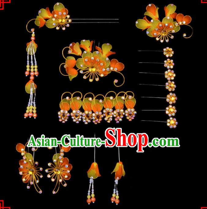 Traditional Beijing Opera Diva Hair Accessories Head Ornaments Complete Set Orange Hairpins, Ancient Chinese Peking Opera Hua Tan Hair Stick Headwear