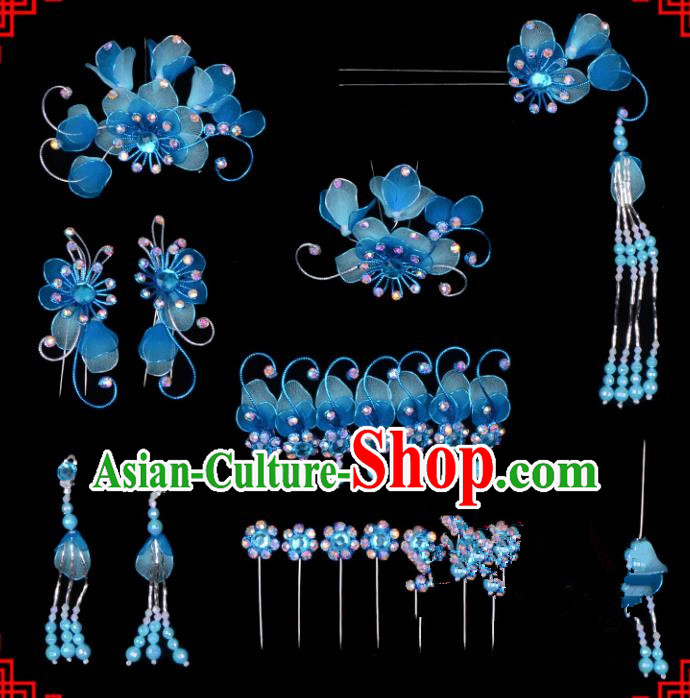 Traditional Beijing Opera Diva Hair Accessories Head Ornaments Complete Set Blue Hairpins, Ancient Chinese Peking Opera Hua Tan Hair Stick Headwear