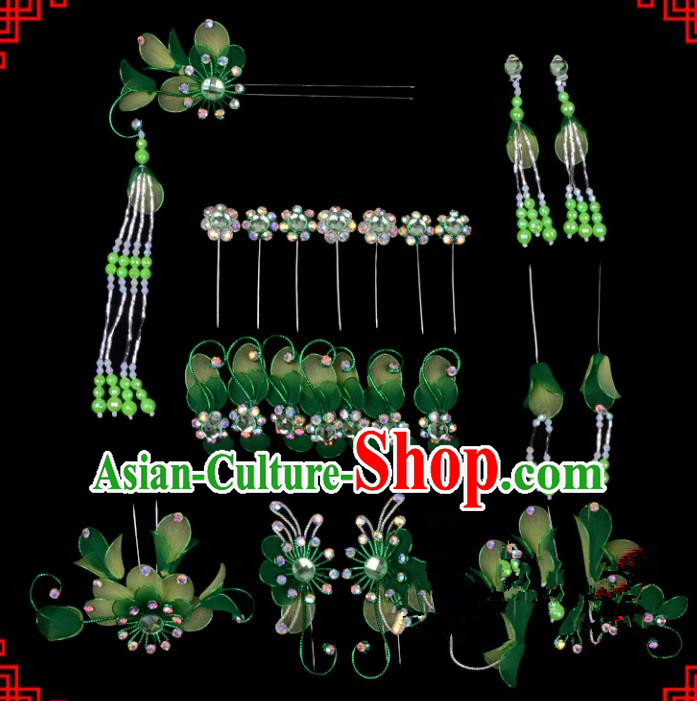 Traditional Beijing Opera Diva Hair Accessories Head Ornaments Complete Set Green Hairpins, Ancient Chinese Peking Opera Hua Tan Hair Stick Headwear