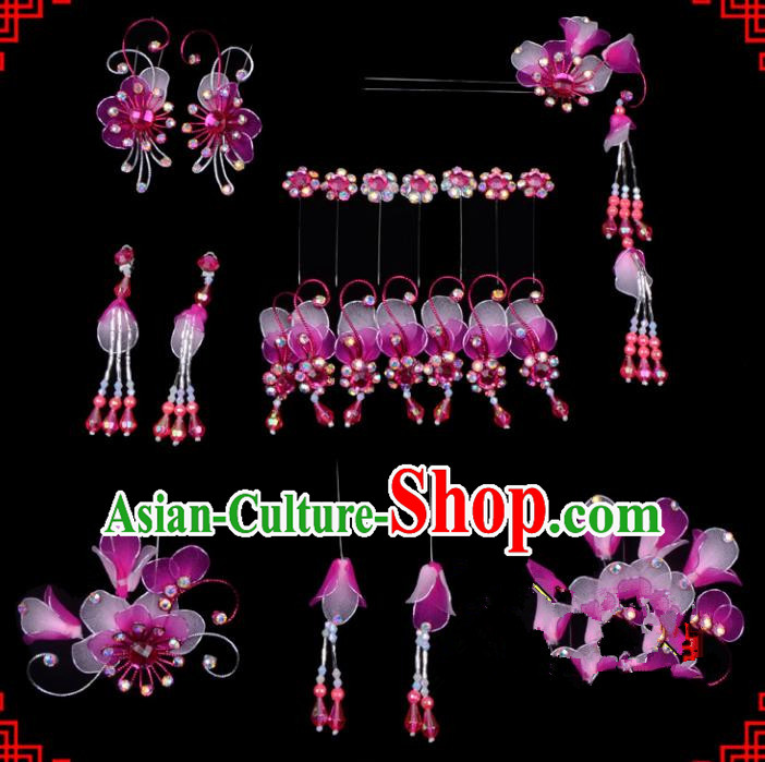 Traditional Beijing Opera Diva Hair Accessories Head Ornaments Complete Set Rosy Hairpins, Ancient Chinese Peking Opera Hua Tan Hair Stick Headwear