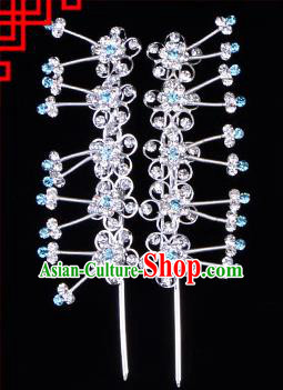 Traditional Beijing Opera Diva Hair Accessories Blue Crystal Plum Blossom Head Ornaments Hairpins, Ancient Chinese Peking Opera Hua Tan Hair Stick Headwear