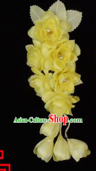 Traditional Beijing Opera Diva Hair Accessories Temples Yellow Silk Flowers Head Ornaments Hairpins, Ancient Chinese Peking Opera Hua Tan Hair Stick Headwear