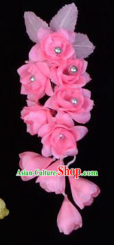 Traditional Beijing Opera Diva Hair Accessories Temples Pink Silk Flowers Head Ornaments Hairpins, Ancient Chinese Peking Opera Hua Tan Hair Stick Headwear