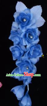 Traditional Beijing Opera Diva Hair Accessories Temples Deep Blue Silk Flowers Head Ornaments Hairpins, Ancient Chinese Peking Opera Hua Tan Hair Stick Headwear