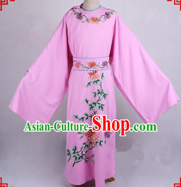 Top Grade Professional Beijing Opera Niche Costume Gifted Scholar Pink Embroidered Robe, Traditional Ancient Chinese Peking Opera Embroidery Chrysanthemum Clothing