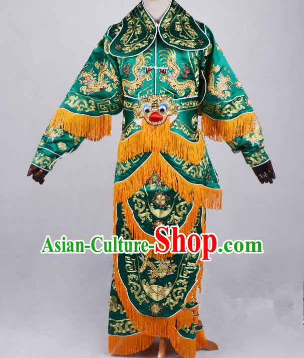 Top Grade Professional Beijing Opera General Costume Green Silk Embroidered Robe, Traditional Ancient Chinese Peking Opera Military Officer Embroidery Robe Clothing