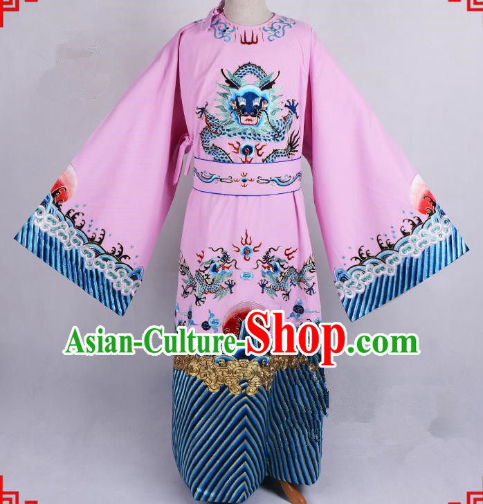 Top Grade Professional Beijing Opera Emperor Costume General Pink Silk Embroidered Robe and Belts, Traditional Ancient Chinese Peking Opera Royal Highness Embroidery Dragons Clothing