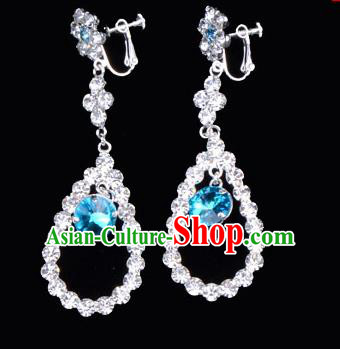 Traditional Beijing Opera Diva Jewelry Accessories Blue Crystal Earrings, Ancient Chinese Peking Opera Hua Tan Eardrop