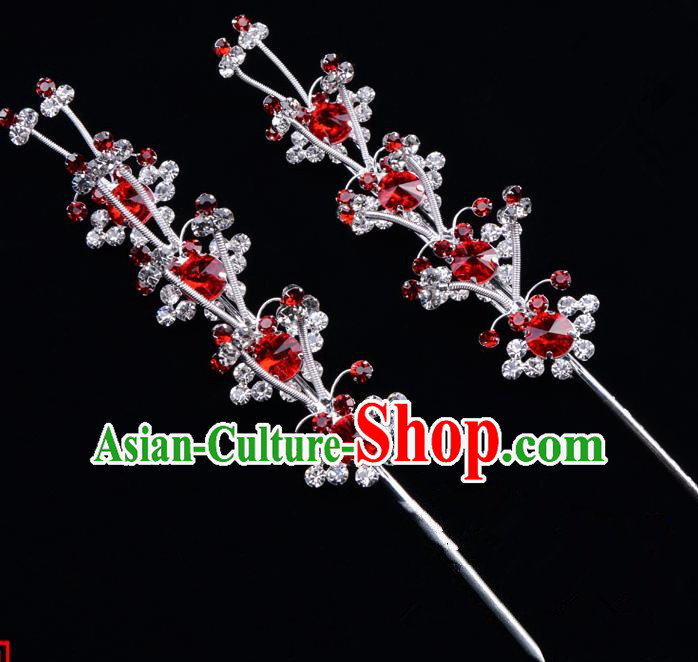 Traditional Beijing Opera Diva Hair Accessories Red Crystal Hairpins, Ancient Chinese Peking Opera Hua Tan Hair Stick Headwear