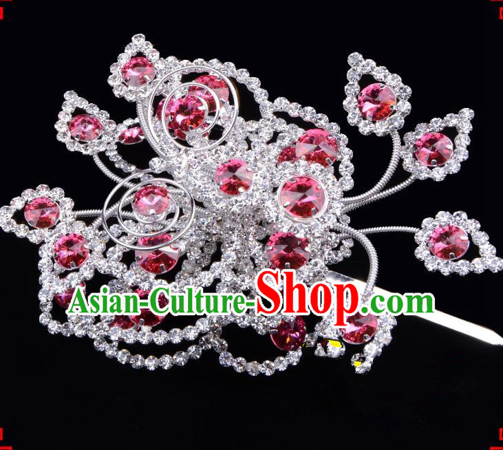Traditional Beijing Opera Diva Hair Accessories Pink Crystal Butterfly Large Hairpins, Ancient Chinese Peking Opera Hua Tan Hair Stick Headwear