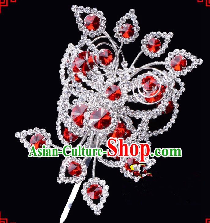 Traditional Beijing Opera Diva Hair Accessories Red Crystal Butterfly Large Hairpins, Ancient Chinese Peking Opera Hua Tan Hair Stick Headwear