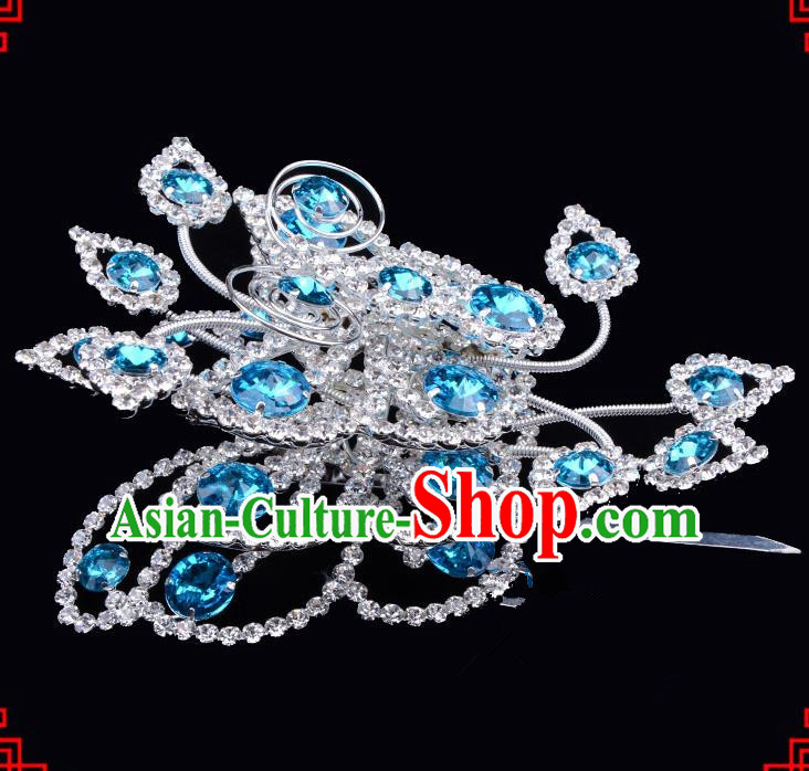 Traditional Beijing Opera Diva Hair Accessories Blue Crystal Butterfly Large Hairpins, Ancient Chinese Peking Opera Hua Tan Hair Stick Headwear