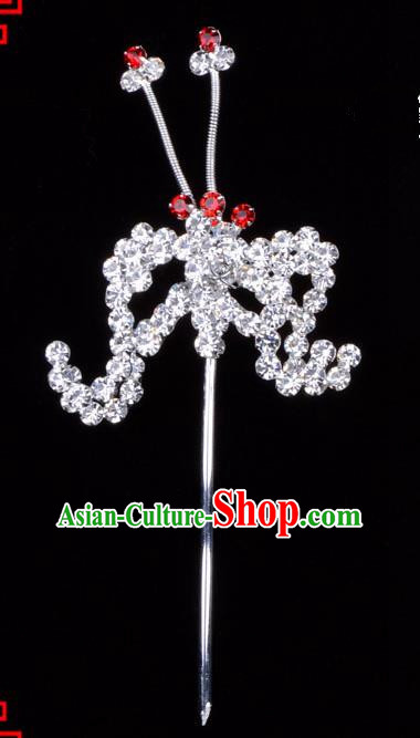 Traditional Beijing Opera Diva Hair Accessories Crystal Bat Hairpins, Ancient Chinese Peking Opera Hua Tan Hair Stick Headwear