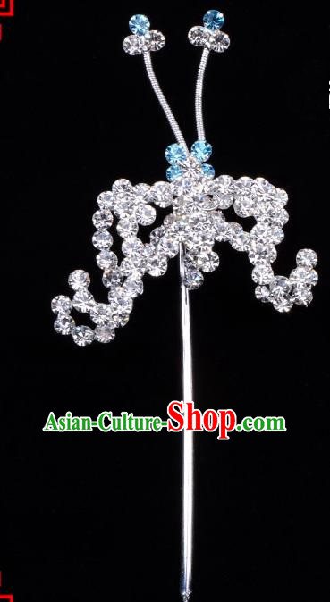 Traditional Beijing Opera Diva Hair Accessories Blue Crystal Bat Hairpins, Ancient Chinese Peking Opera Hua Tan Hair Stick Headwear