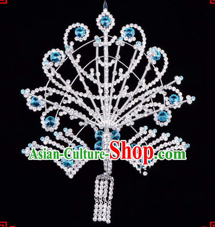 Traditional Beijing Opera Diva Hair Accessories Blue Crystal Hairpins Phoenix Step Shake, Ancient Chinese Peking Opera Hua Tan Hair Stick Headwear