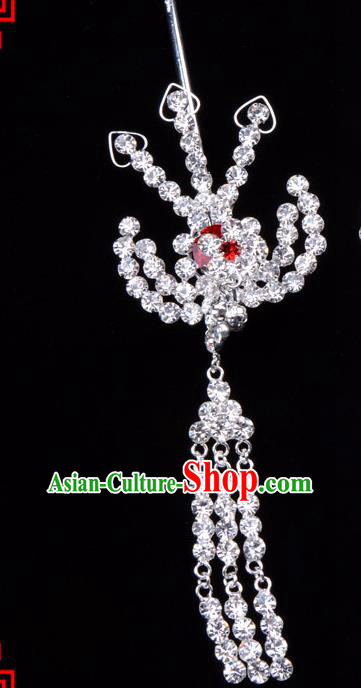 Traditional Beijing Opera Diva Hair Accessories Red Crystal Hairpins Phoenix Step Shake, Ancient Chinese Peking Opera Hua Tan Hair Stick Headwear