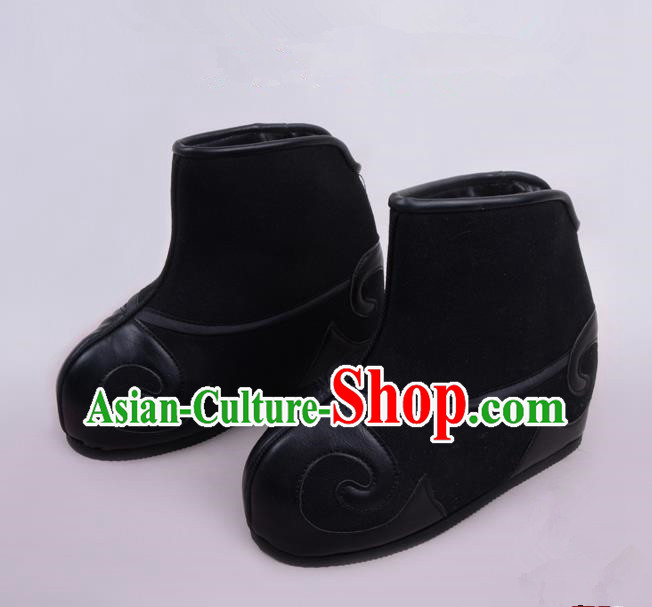 Traditional Beijing Opera Takefu Shoes Young Men Warrior Black Quick Boots, Ancient Chinese Peking Opera Wu-Sheng Shoes