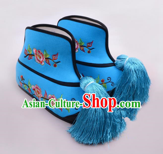 Traditional Beijing Opera Swordplay Embroidered Blue Boots Young Lady Shoes, Ancient Chinese Peking Opera Blues Shoes