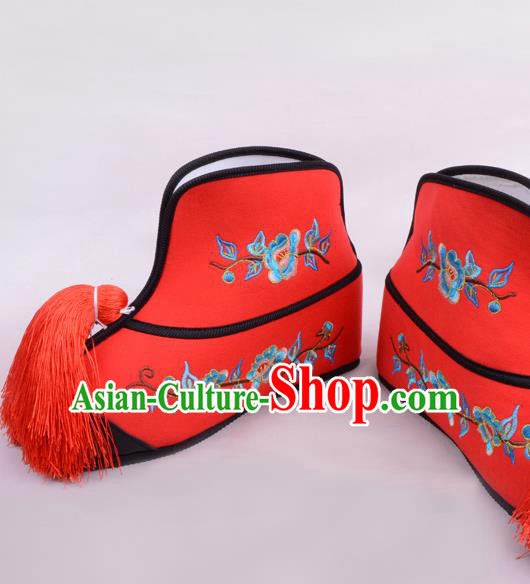 Traditional Beijing Opera Swordplay Embroidered Red Boots Young Lady Shoes, Ancient Chinese Peking Opera Blues Shoes