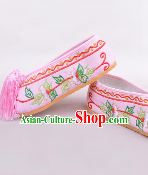 Traditional Beijing Opera Hua Tan Pink Embroidered Shoes Young Lady Princess Shoes, Ancient Chinese Peking Opera Diva Blood Stained Shoes