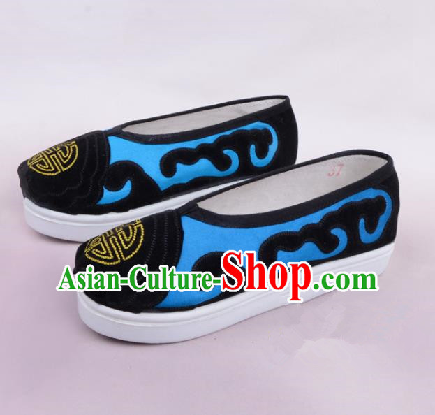 Traditional Beijing Opera Cloth Shoes Old Women Blue Shoes, Ancient Chinese Peking Opera Pantaloonn Flange Shoes