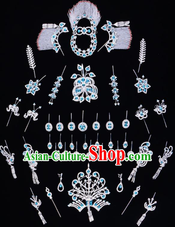 Traditional Beijing Opera Diva Hair Accessories Blue Crystal Butterfly Head Ornaments Complete Set, Ancient Chinese Peking Opera Hua Tan Hairpins Phoenix Step Shake Headwear