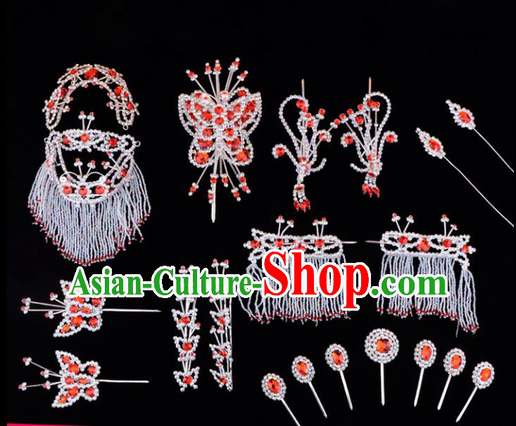 Traditional Beijing Opera Diva Hair Accessories Red Crystal Head Ornaments Complete Set, Ancient Chinese Peking Opera Hua Tan Hairpins Phoenix Step Shake Headwear