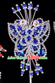 Traditional Beijing Opera Diva Hair Accessories Royalblue Crystal Butterfly Head Ornaments Hairpins, Ancient Chinese Peking Opera Hua Tan Hairpins Headwear