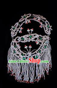 Traditional Beijing Opera Diva Hair Accessories Green Crystal Head Ornaments Headband, Ancient Chinese Peking Opera Hua Tan Hairpins Headwear