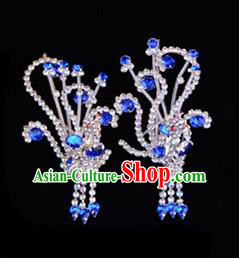 Traditional Beijing Opera Diva Hair Accessories Royalblue Crystal Head Ornaments Phoenix Step Shake, Ancient Chinese Peking Opera Hua Tan Hairpins Headwear