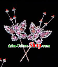 Traditional Beijing Opera Diva Hair Accessories Pink Crystal Head Ornaments Butterfly Hairpin, Ancient Chinese Peking Opera Hua Tan Hairpins Headwear