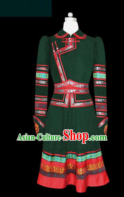 Traditional Chinese Mongol Nationality Costume Princess Green Dress Mongolian Robe, Chinese Mongolian Minority Nationality Embroidery Clothing for Women