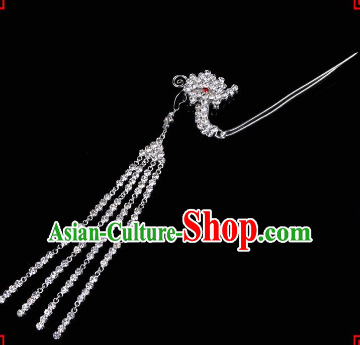 Traditional Beijing Opera Diva Hair Accessories Crystal Tassel Phoenix Step Shake Hairpins, Ancient Chinese Peking Opera Hua Tan Hair Stick Headwear