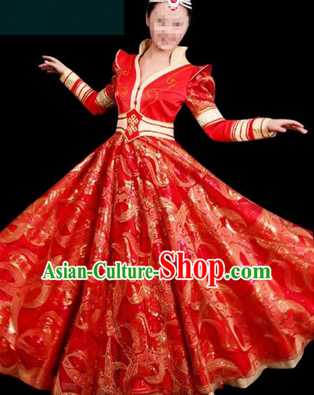 Traditional Chinese Mongol Nationality Dance Costume Princess Wedding Pleated Dress, Chinese Mongolian Minority Nationality Embroidery Costume for Women