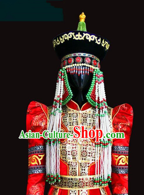 Traditional Chinese Mongol Nationality Hair Accessories Mongols Princess Tassel Hat, Chinese Mongolian Minority Nationality Headwear for Women