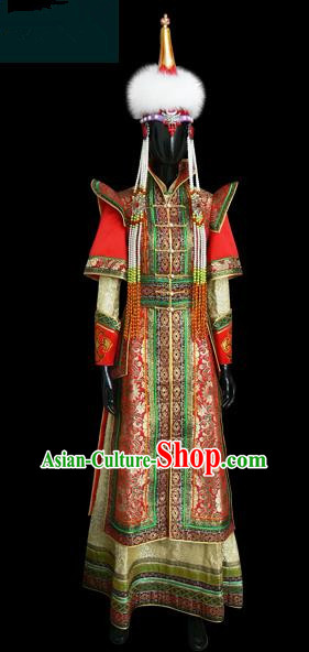 Traditional Chinese Mongol Nationality Dance Costume Princess Consort Wedding Dress, Chinese Mongolian Minority Nationality Embroidery Clothing for Women