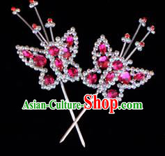 Traditional Beijing Opera Diva Hair Accessories Rosy Crystal Head Ornaments Butterfly Hairpin, Ancient Chinese Peking Opera Hua Tan Hairpins Headwear