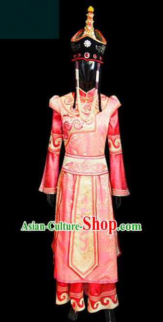 Traditional Chinese Mongol Nationality Dance Costume Princess Red Dress, Chinese Mongolian Minority Nationality Embroidery Clothing for Women